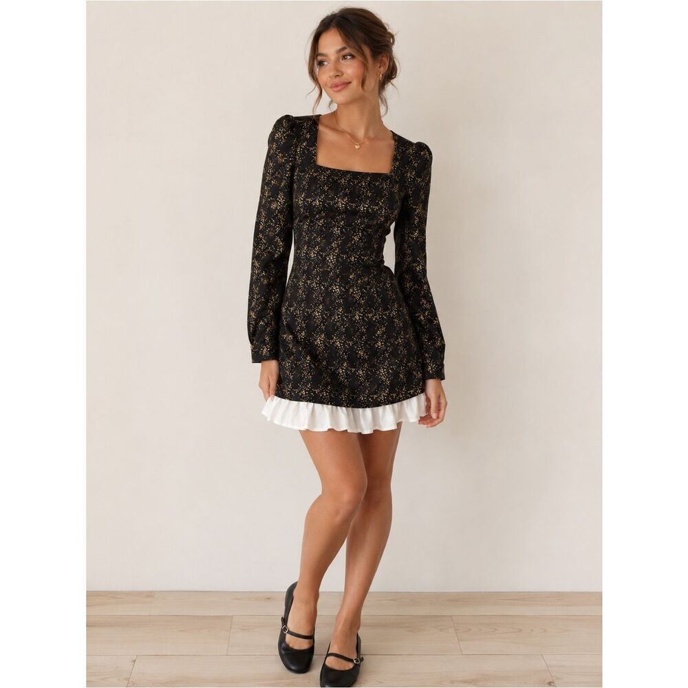 Rihoas Floral Print Sleeve Mini Dress Black Small NWT IN PACKAGE